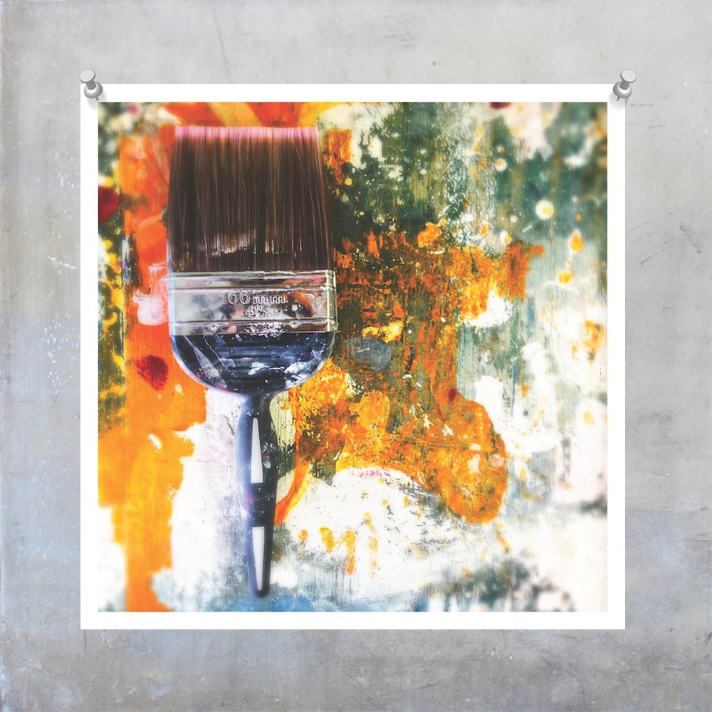 Paintbrush on orange paint splattered table square fine Art Photography Photograph Print Artists Studio Still Life