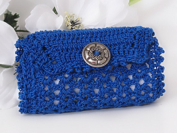 Sewing Needle Case, Royal Blue Crocheted Sewing Needle Holder, Hand Embroidery Embellishment