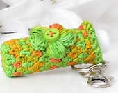 Lip Balm Holder Key Chain, Thick & Plush Key Fob Holder in Orange, Chartreuse Green, Golden Yellow,  with Matching Crochet Puff Flower