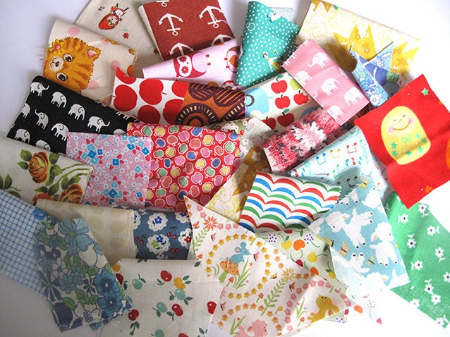 Mini Fabric scrap bag, mixed brights, japanese, retro and many more fabrics 30 pieces