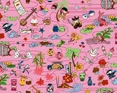 P&B Textiles, Tomodachi, Kawaii Anime Hula Girl Ninja Pink Fabric - Half Yard