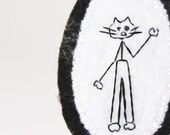 Lonely Cat Coat Pin - Hand Embroidered Black & White Fabric Jewelry - Anthropomorphic Animal Illustration - Fiber Art Brooch