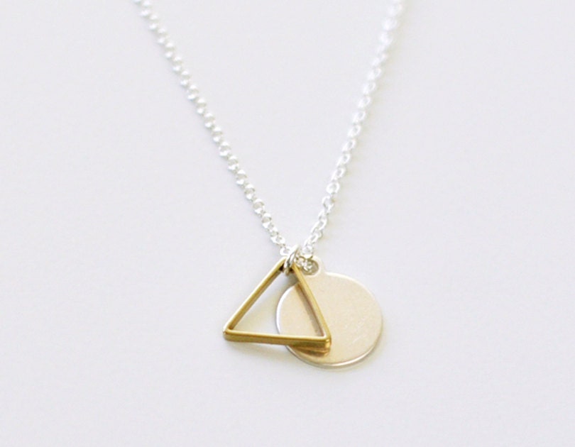 Triangle and dot - sterling silver disc & brass triangle necklace - modern geometric jewelry