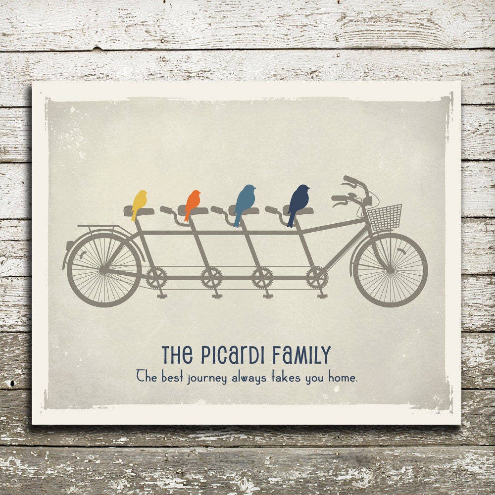 Custom Family Wall Art - Birds on a Bicycle to Represent Family Members - 8x10 Gift Print