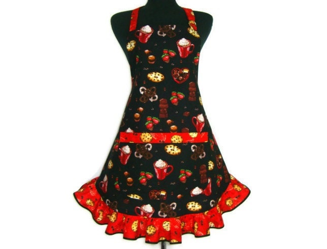 Chocolate Lovers Apron, Cookies , Candies and Strawberries on Black with Red Chocolate Chip Cookie Ruffle
