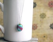 Colorful landscape. Necklace. Abstract. Polymer clay  cabochon pendant and chain. Nature inspired, Organic pattern. Teal green orange.