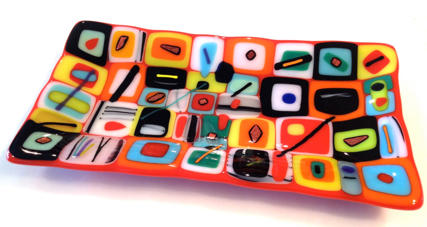 Fused Glass Tray: Patchwork Squares on Red