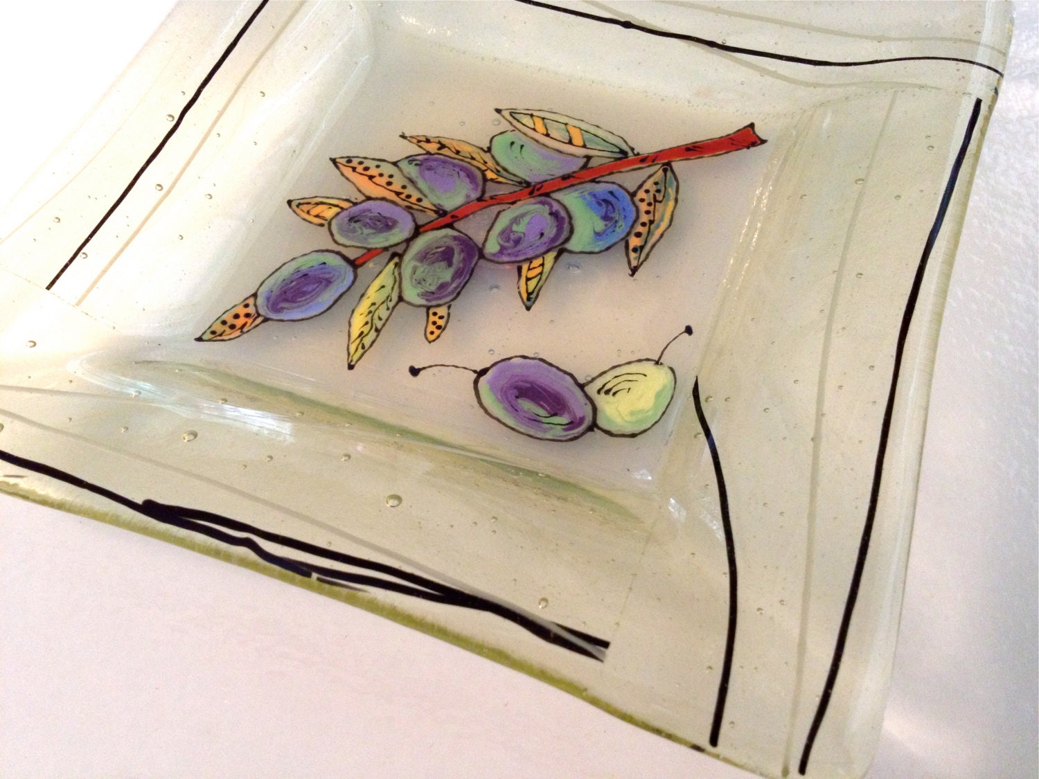 Fused Glass Dish: Green Tea Plate with Black Olives