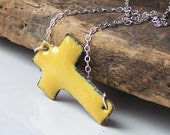 Etsy, Etsy Jewelry, Enamel, Enamel on Copper, Light Yellow Enamel, Sideways Cross Necklace, Enamelled Cross, Cross, Christian Jewelry