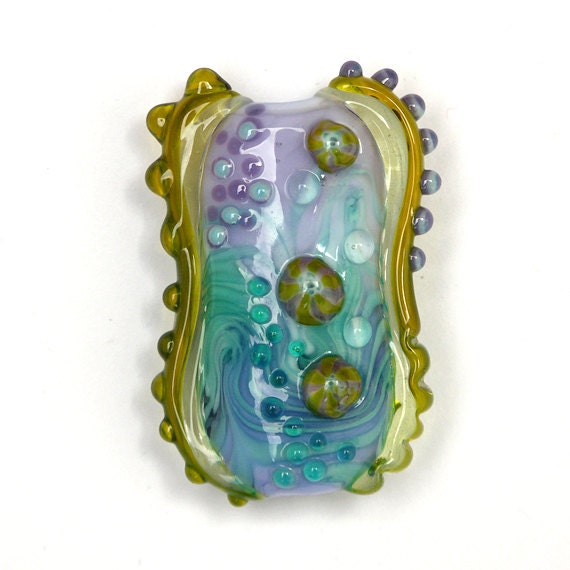 Waves - Handmade Lampwork Focal Bead in Lavender, Turquoise, Olive and Purple, by Sarah Hornik