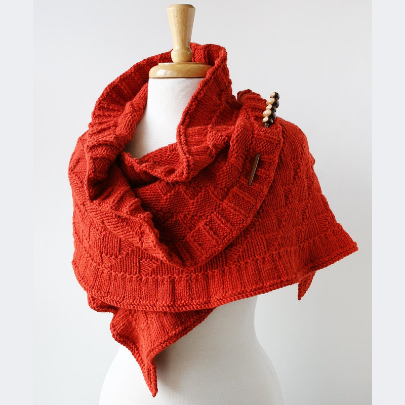 Rococo Hand Knit Shawl - Luxurious Wrap in Merino Wool, Alpaca, Silk - Women's Fashion - Terra Cotta Red