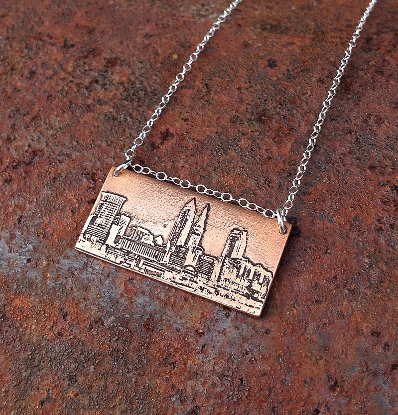Cleveland Ohio city skyline etched copper pendant with sterling silver chain handmade gift for her