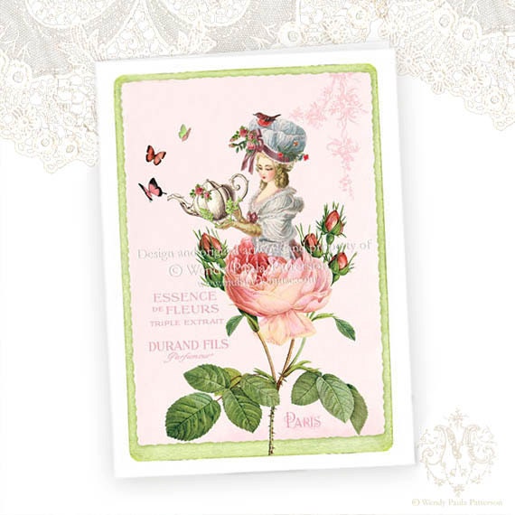 Marie Antoinette greeting card, high tea, garden party, pink rose, shabby chic style, pastel colors, birthday card