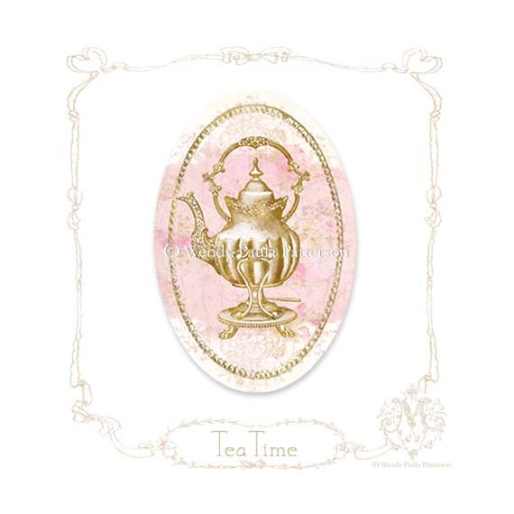 Teapot stickers, gold, pink, vintage teapot, high tea, tea party, shabby chic, seals, large glossy oval stickers, 2.5" x 1.6"
