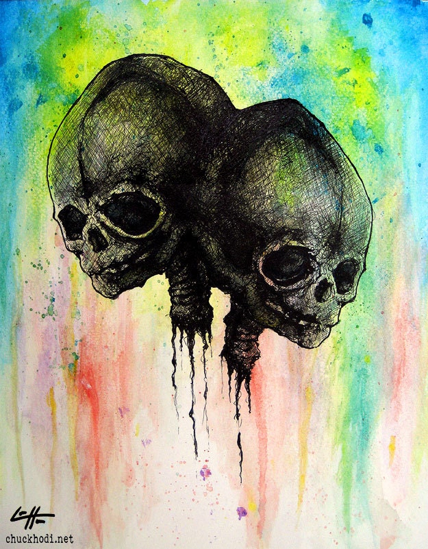 Print 11x14" - 2 Skulls - Painting Watercolor Ink Skull Skeletons Bones Surreal Dark Art Fantasy Gothic Anatomy Creepy Cute Pop Lowbrow