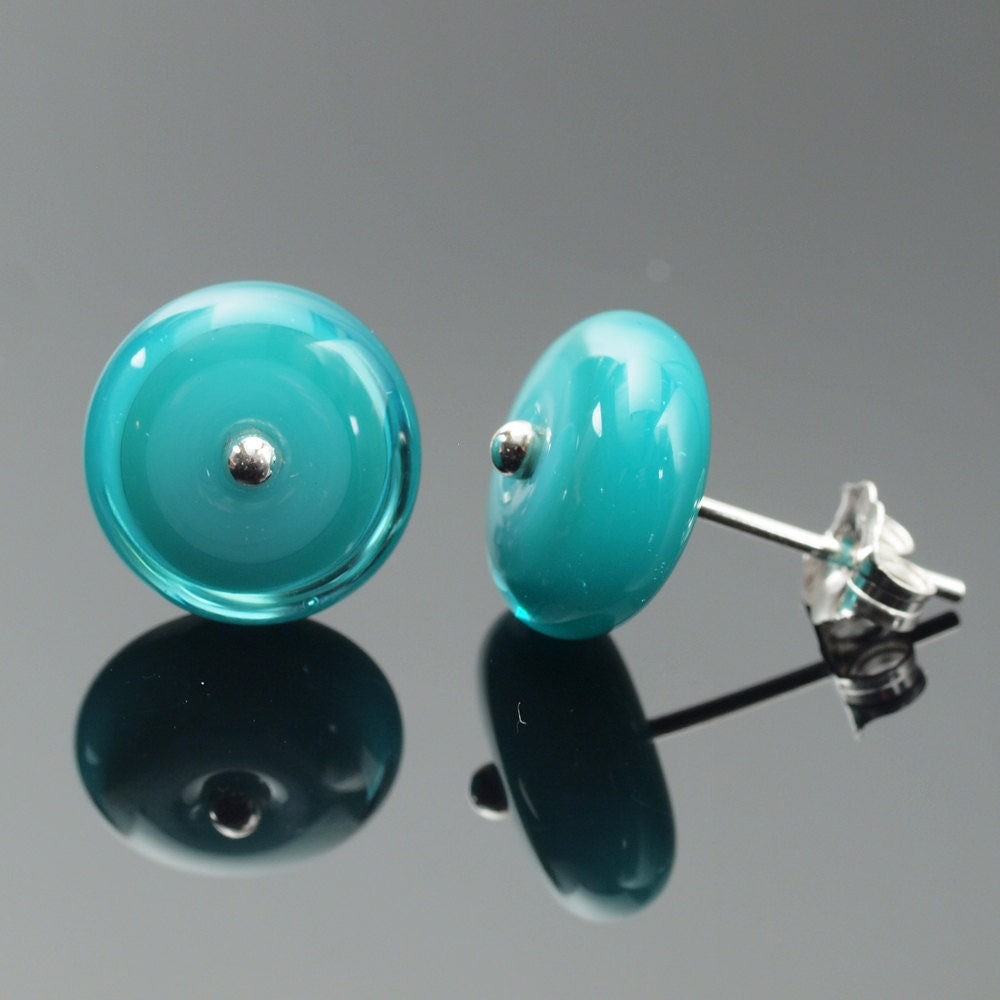 Large Glass Stud Circle Earrings in Turquoise and Teal
