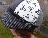 Jax Hats made from 3 upcycled skirts in black pinstripes and scissors pattern - perfect for stylist- first 3 hats in the photos