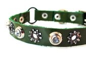 Cat Collar Leather in Olive Green with Rhinestones and Industrial Stars, Size XS, to fit a 7-9in neck, OOAK