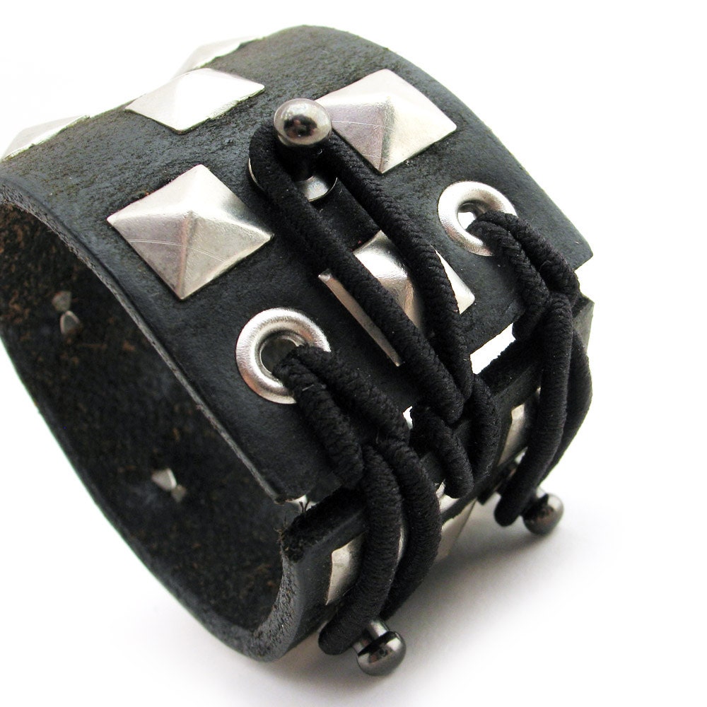 Black Leather Cuff Bracelet with Elastic Corset & Silver Studs, Wristband, Women, Size Small, Unique, OOAK