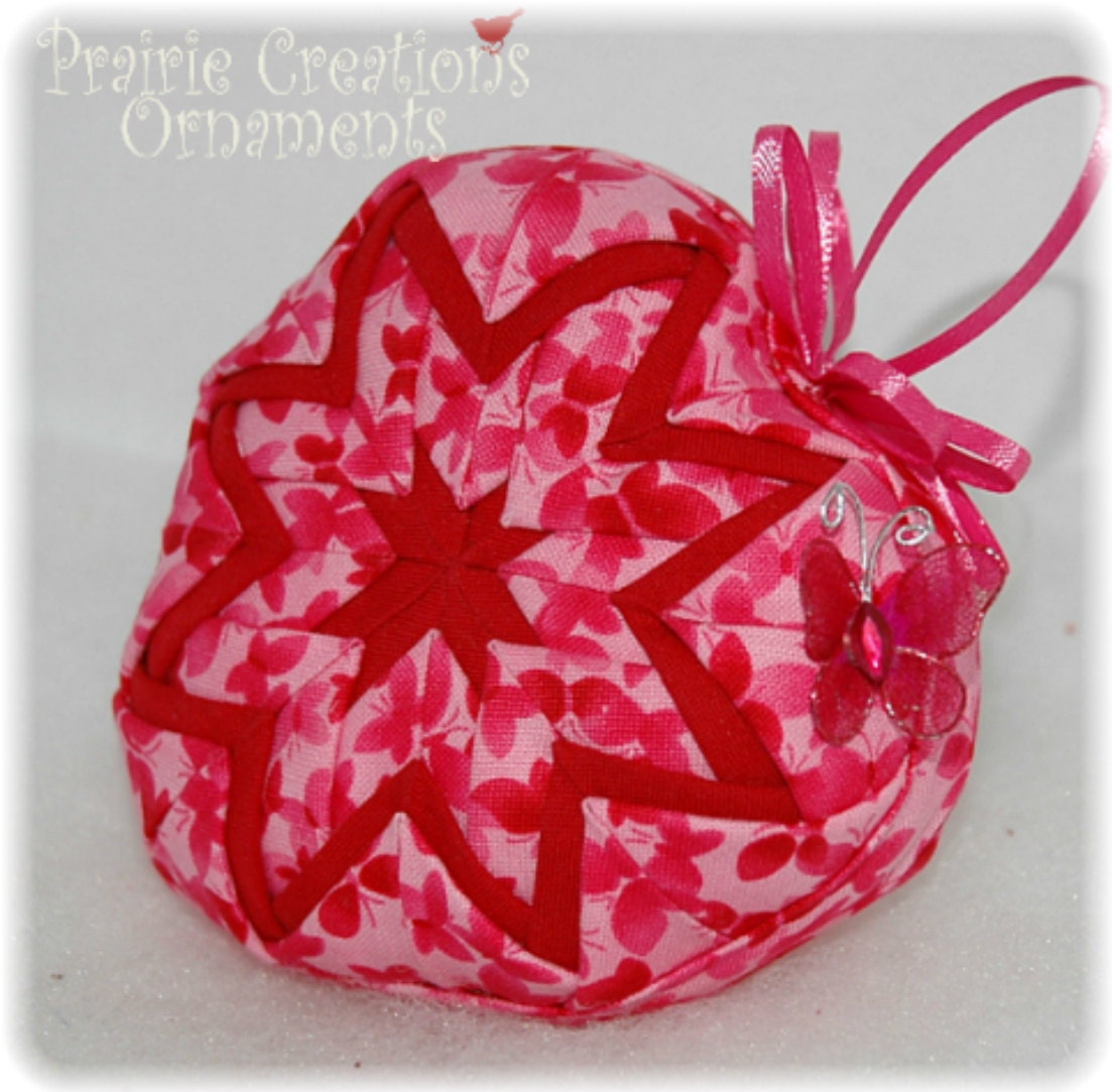 Quilted Heart Ornament Valentine Decoration - Butterfly Kisses