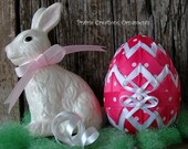 Quilted Ribbon Ornament Easter Egg Shaped Hot Pink and White