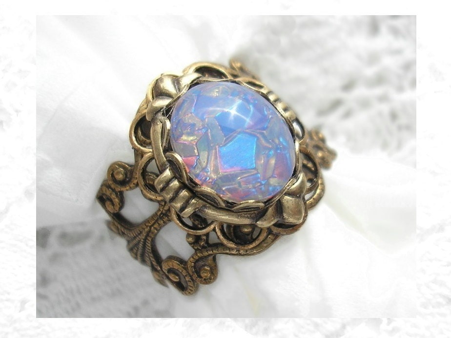 Blue Opal Poetry Ring - Harlequin Art Glass Opal in Antiqued Brass