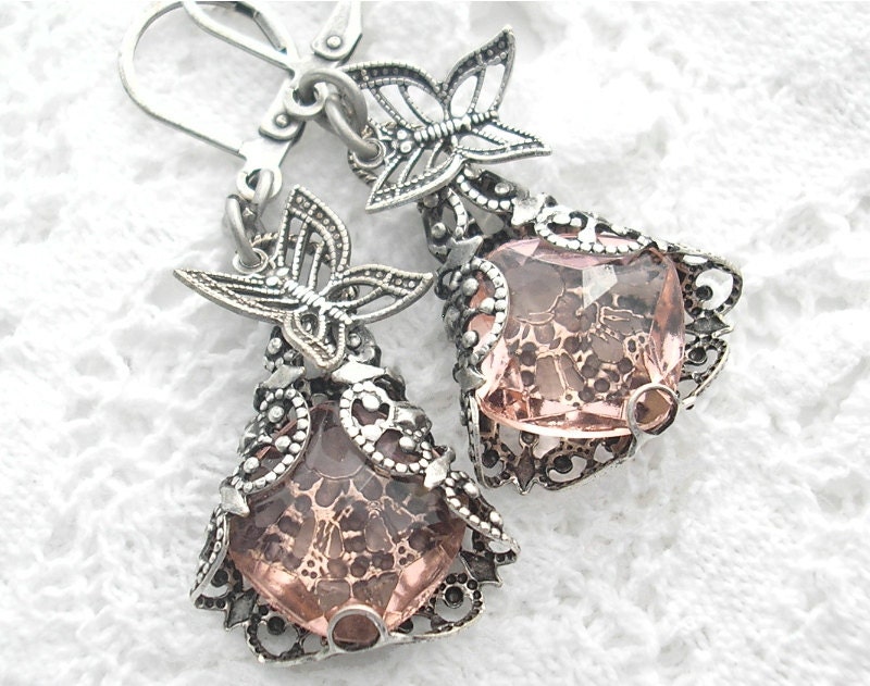 Silver Wings - Filigree Wrapped Rosaline Glass Jewel Earrings with Butterflies