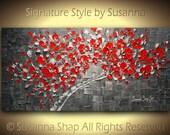 ORIGINAL Large Abstract Red Tree Painting Red Cherry Blossom Landscape Oil Painting Thick Texture Fine Art by Susanna Ready to Hang 48x24