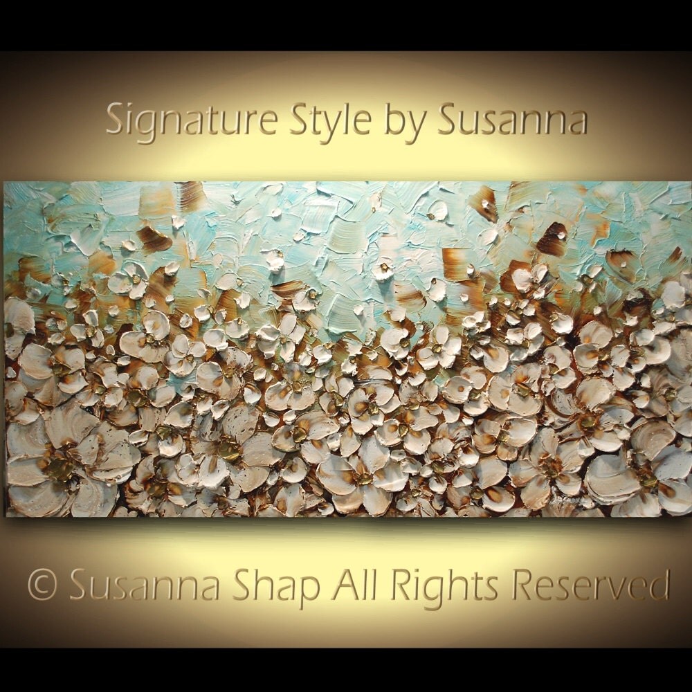 ORIGINAL Large Impasto Landscape Cream White Flowers Oil Painting Contemporary Palette Knife Painting by Susanna Ready to Hang Gallery Art
