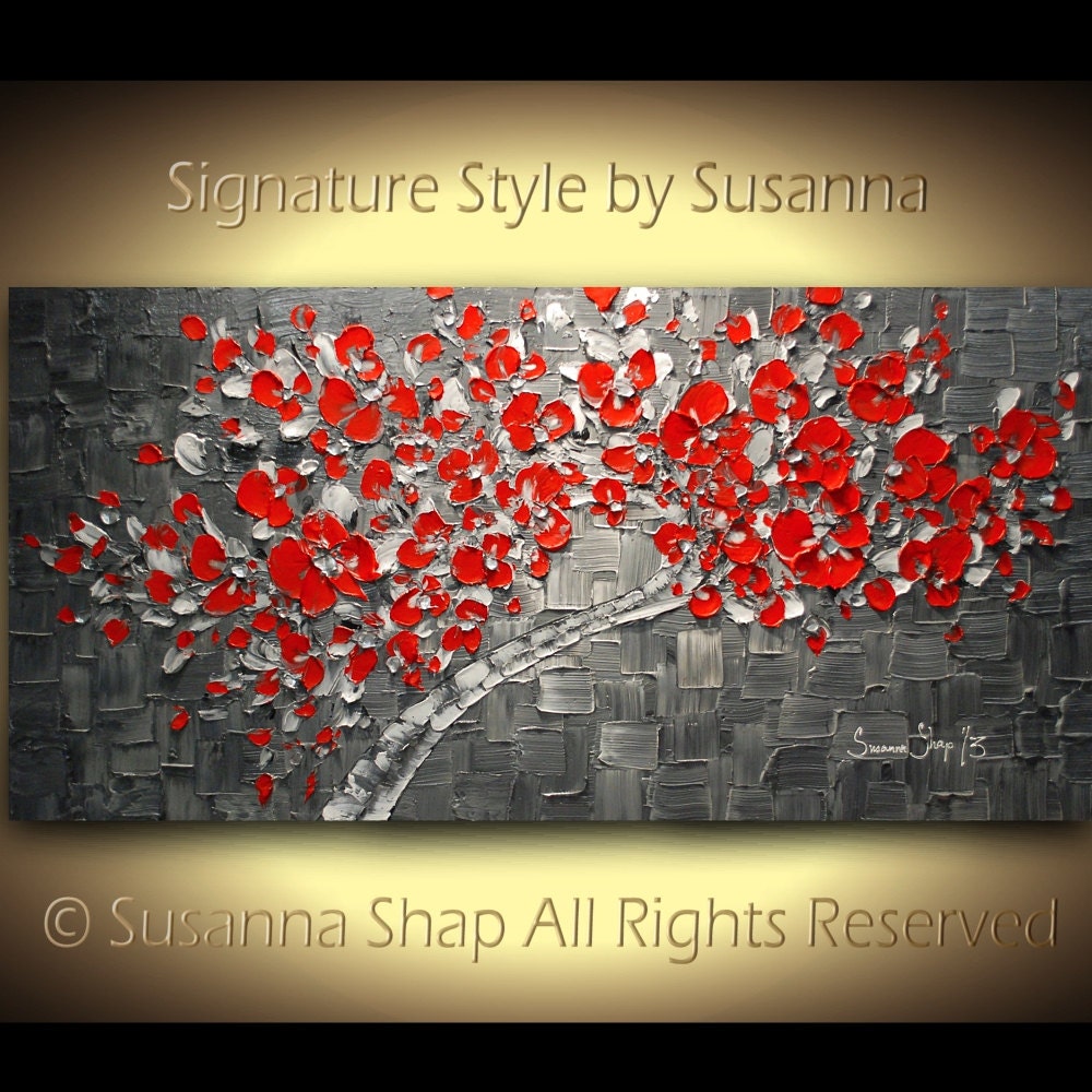 ORIGINAL Large Abstract Red Tree Painting Red Cherry Blossom Landscape Oil Painting Thick Texture Fine Art by Susanna Ready to Hang 48x24