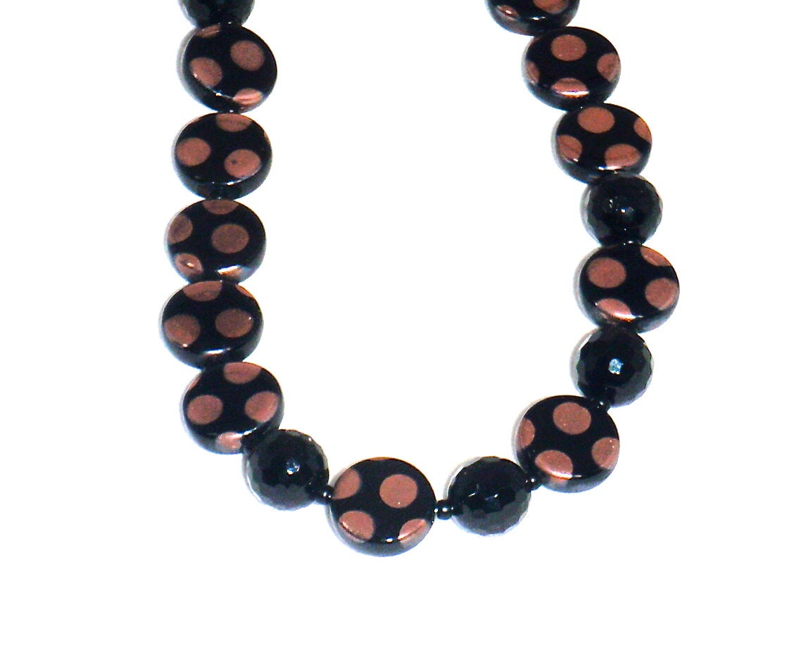 Black and Copper Peacock Beads with Onyx Necklace and Earrings