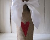 Valentines Day Burlap Wine Bag with Glittered Heart and Bow