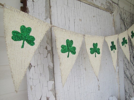 Shamrock Glittered Cream painted Burlap Banner...St. Patricks Day