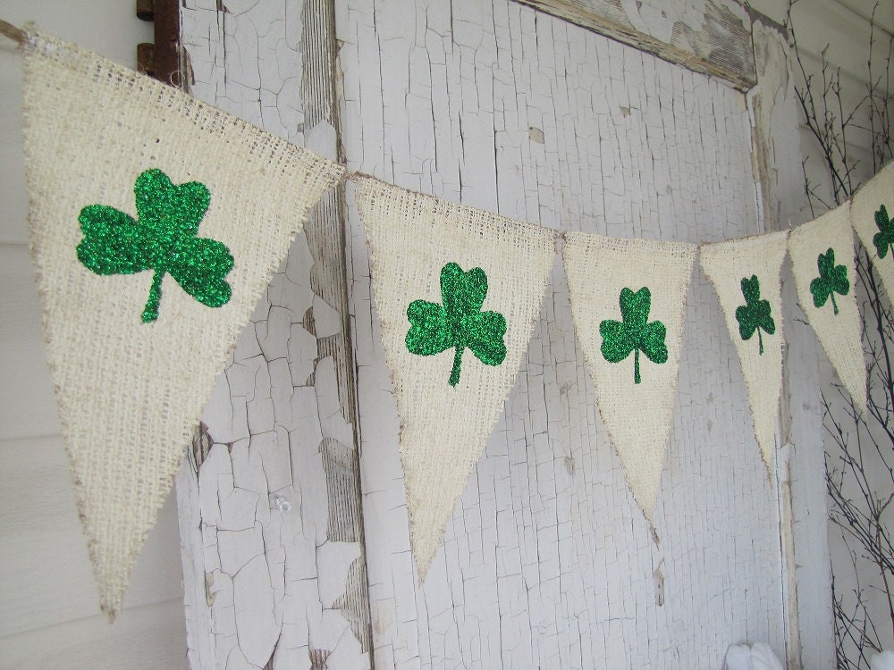 Shamrock Glittered Cream painted Burlap Banner...St. Patricks Day