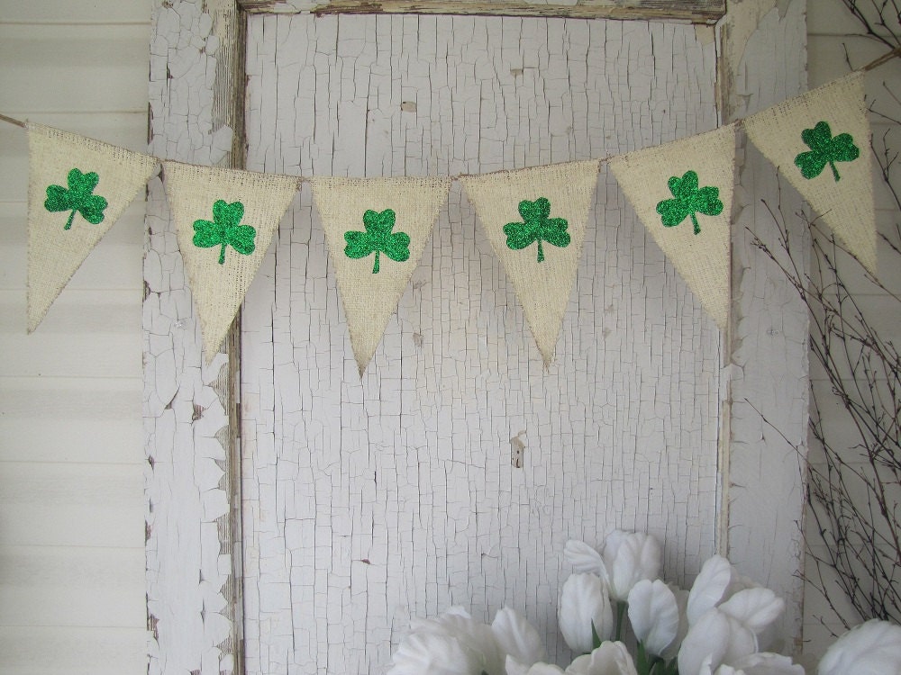 Shamrock Glittered Cream painted Burlap Banner...St. Patricks Day