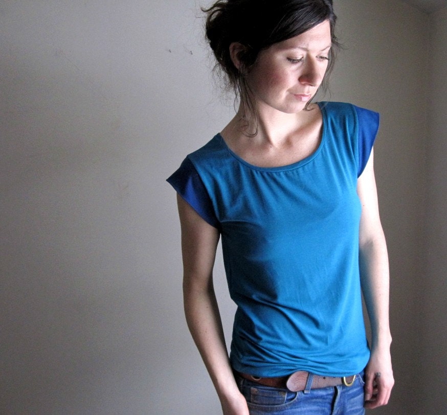 Bright Teal Scoop Blouse / Color Block / Bamboo Tee Shirt / Tank / Cap Sleeve Tshirt / Women / Made to Order