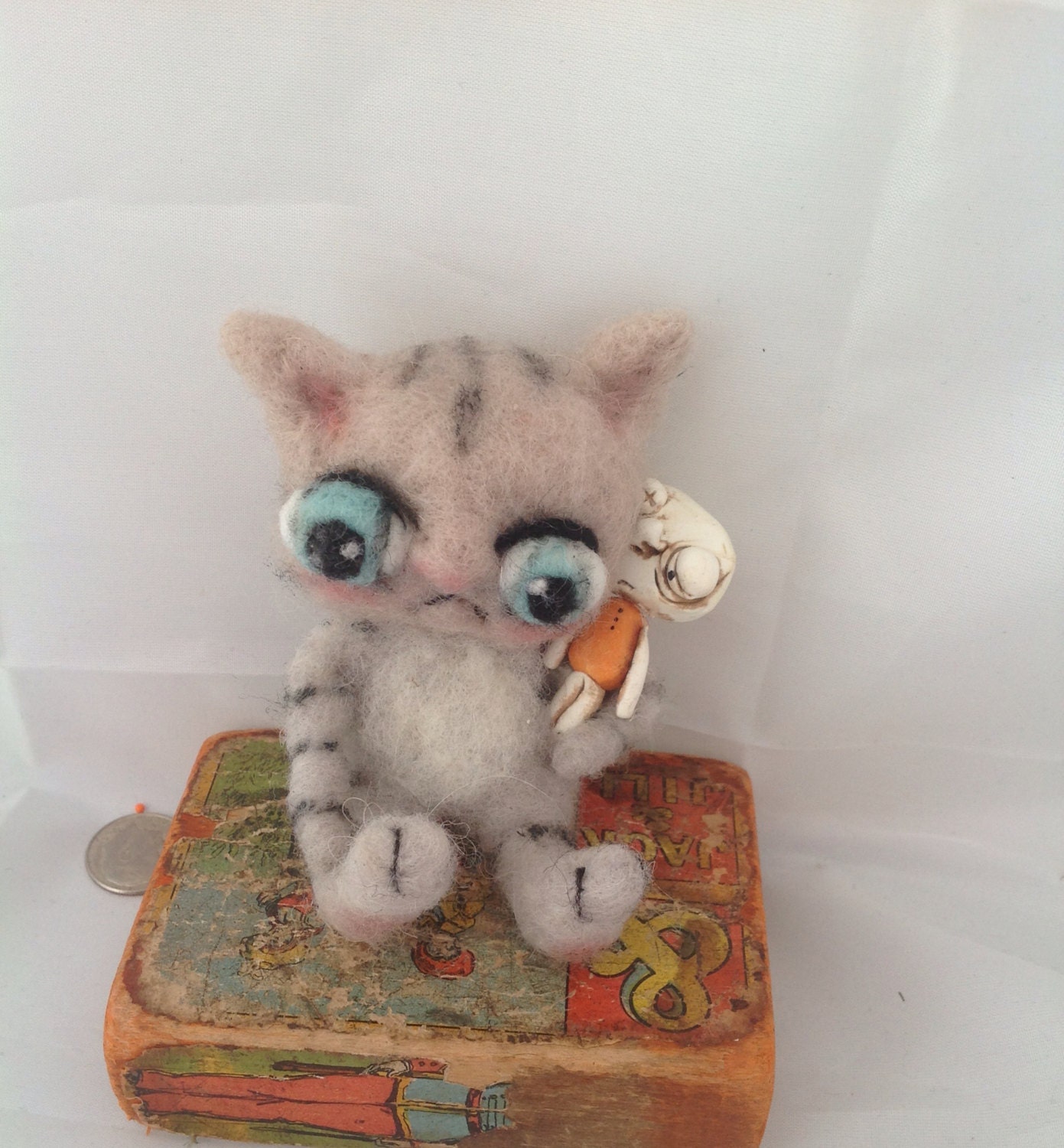Kitty cat and her dolly ooak needle felted doll