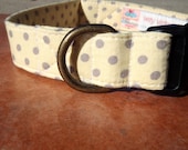 Buttercup - Organic Cotton LARGE Dog Collar Butter Yellow Gray Polka Dots - All Antique Brass Hardware