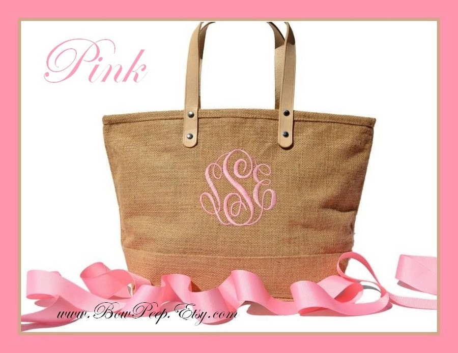 Monogrammed Natural Color Jute Tote Bag - Personalized Natural Burlap totes - Light Pink Beige Tan Pastels Sand Easter Spring Summer purse