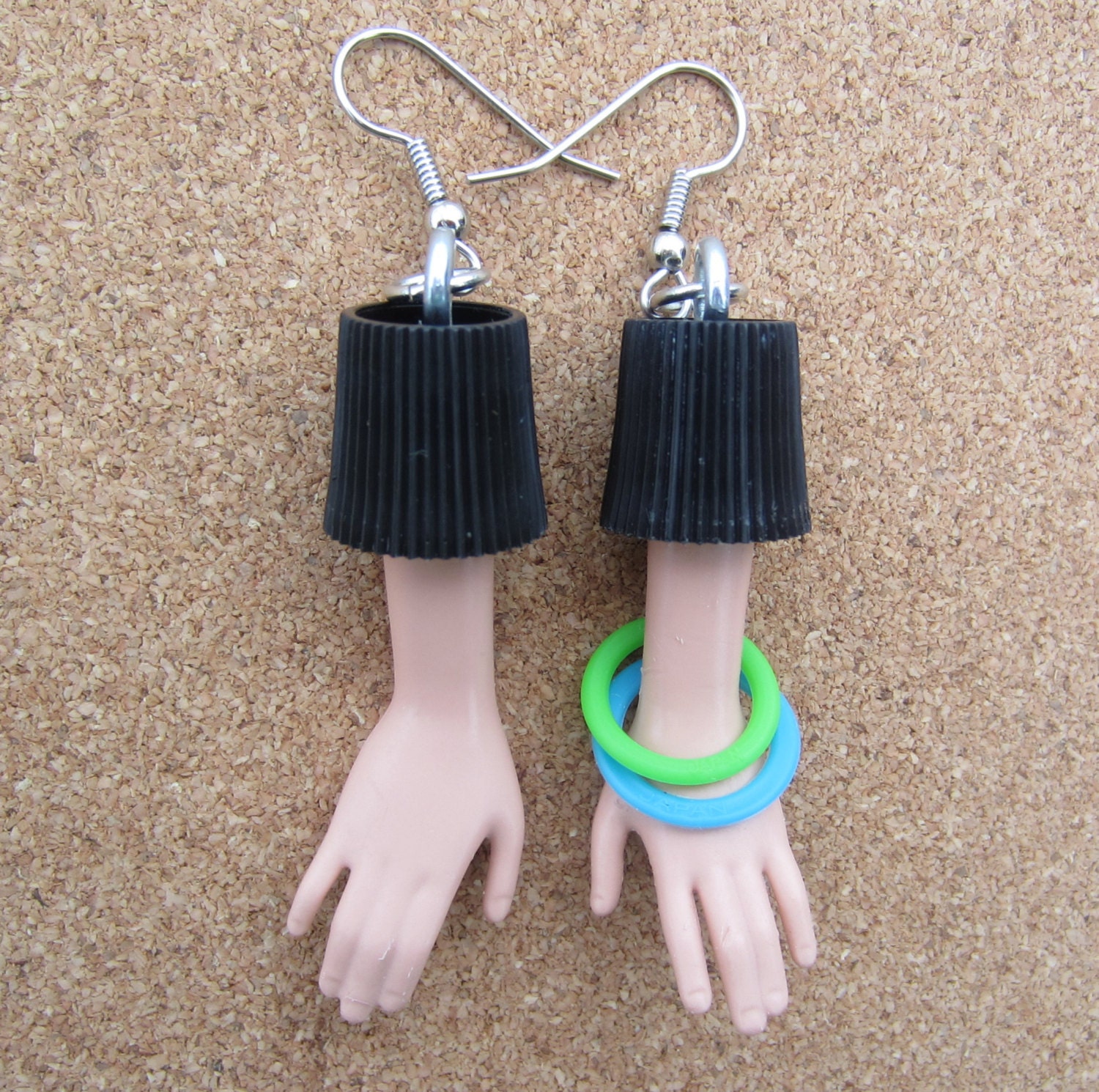 Upcycled bottle cap Barbie Doll hand earrings with blue and green bracelets
