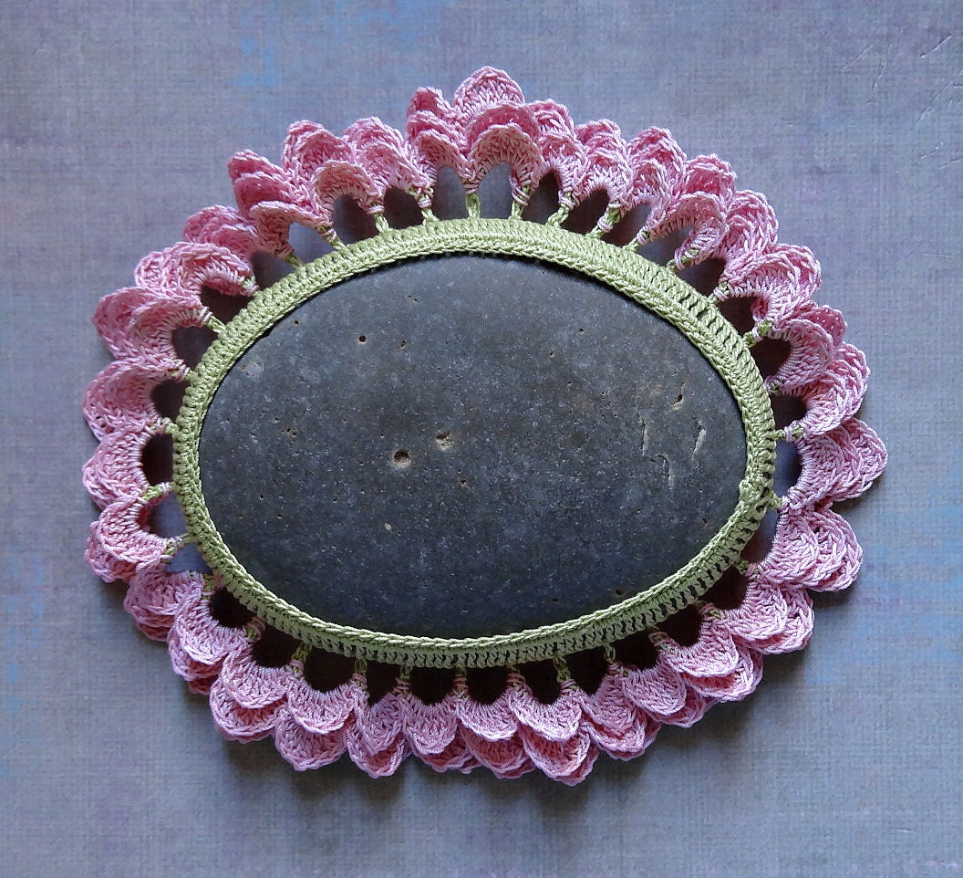 Art, Mixed Media, Crochet Lace Stone, Original, Handmade, Table Decoration, Flower, Art Object, Collectibles, Home Decor, Pink