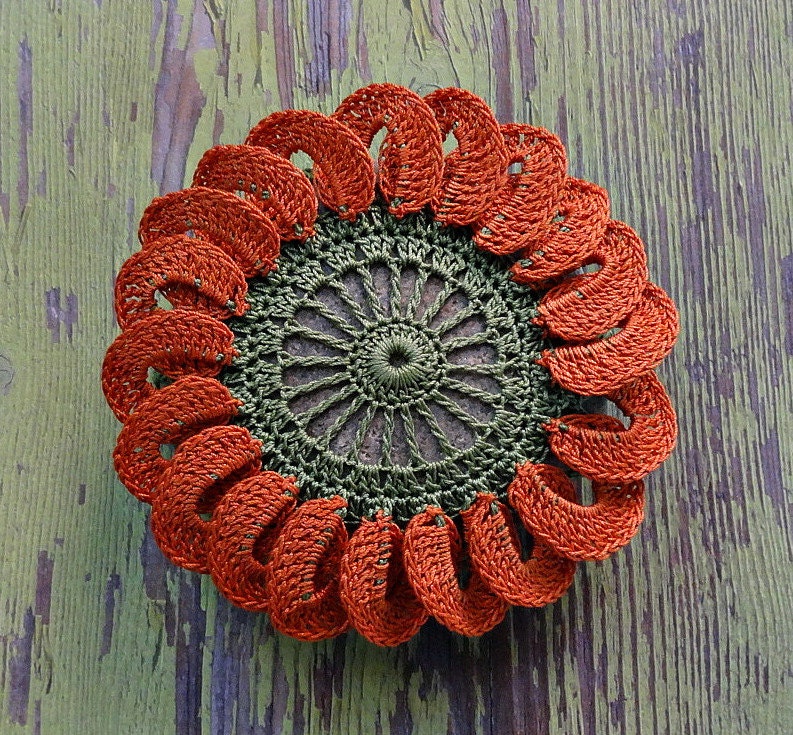 Art Object, Mixed Media, Original, Crochet Flower, Lace Stone, Handmade, Table Decorations, Home Decor, Orange, Green