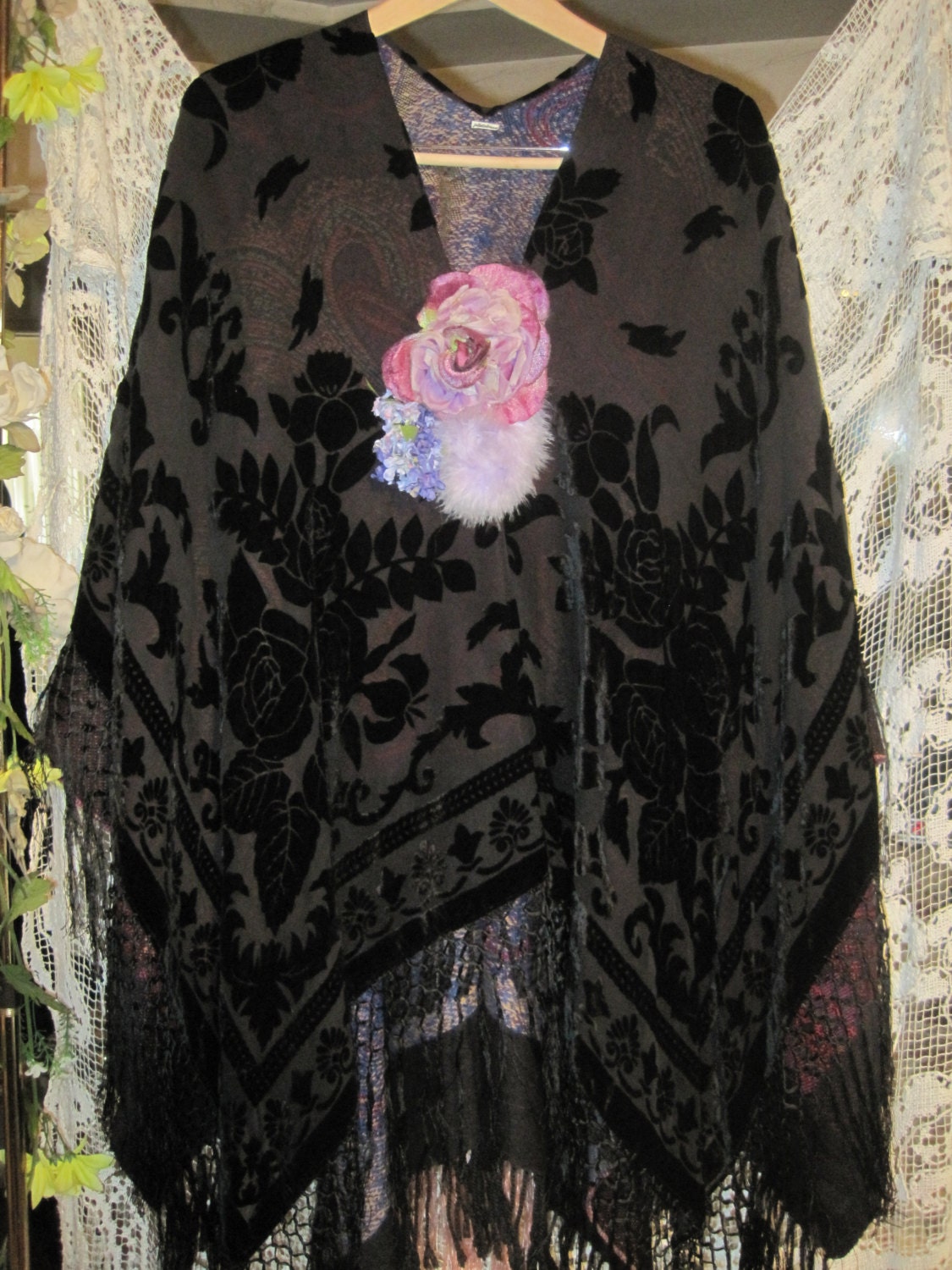 GOTHIC Nouveau STEVIE Nicks Black Burn out Velvet and Floral Paisley Shawl OOAK