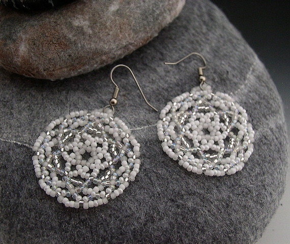 Aria - Radiance - Beaded Mandala Earrings Wedding Formal Round White Silver Translucent Metallic