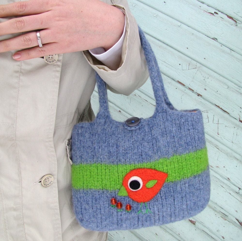 Felted bag purse blue green wool pouch handbag tote hand knit needle felted orange bird and berries