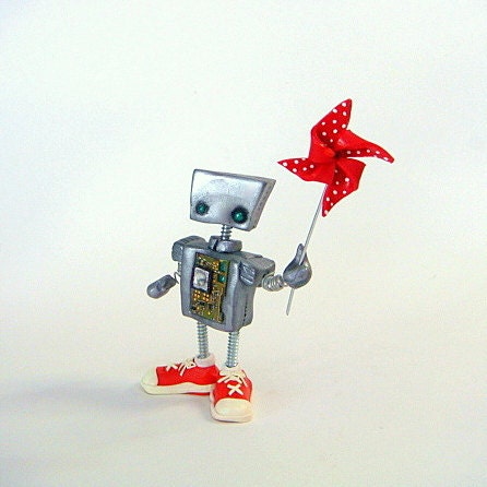 Robot Boy With Red Birthday Pinwheel Toy