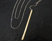 14K Solid Gold Long Vertical Bar Necklace - Sexy Celebrity Style Hammered Bar Necklace
