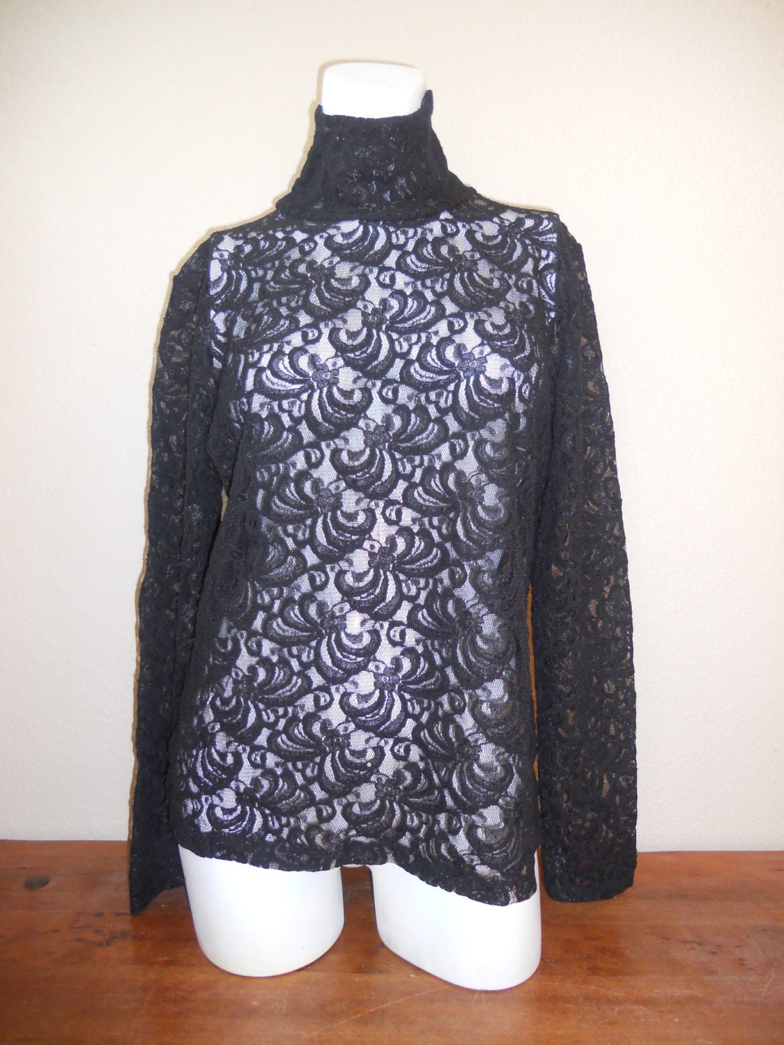 80's 90's Black Vintage Sheer Lace BLOUSE long sleeve grunge  boho hippy hippie bohemian