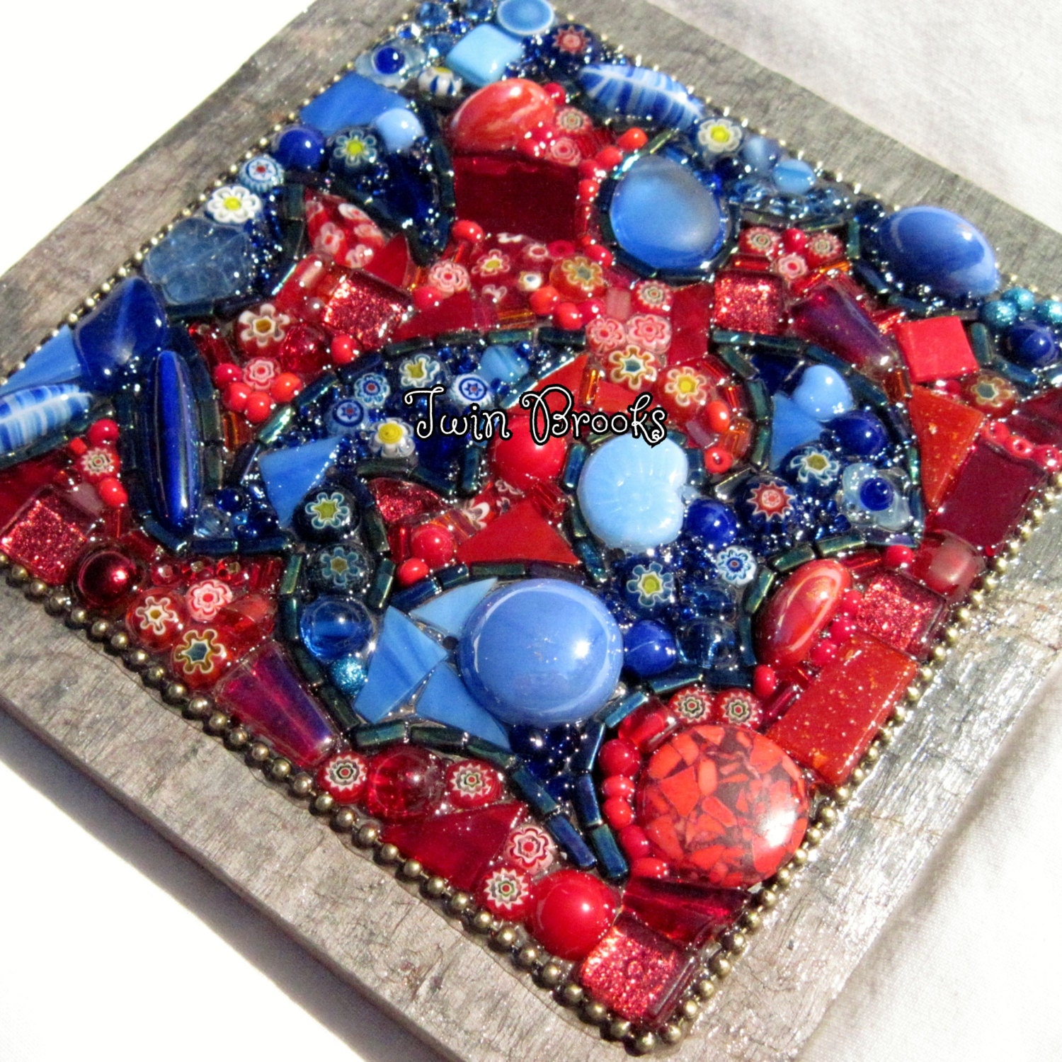 Blue and Red Mixed Media Mosaic on Slate