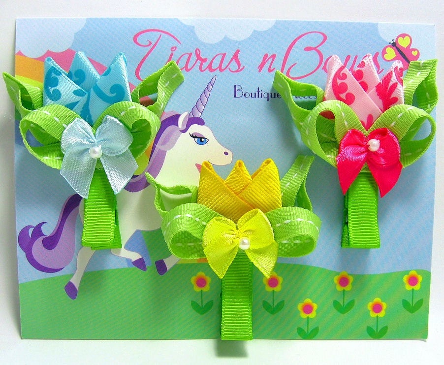 Flower Hair Clips / Hair Clippies - Girls Hair Bows /  3 Tulip Flowers / Pink, Yellow, Blue Ribbon sculpture Flowers